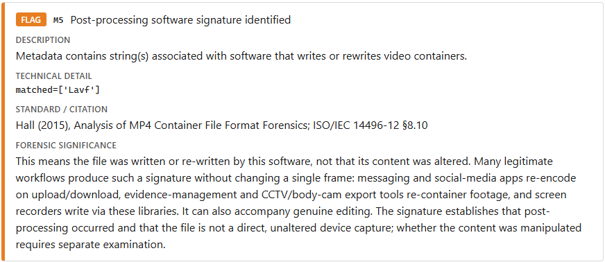 M5 FLAG finding card showing Lavf encoder string, Hall 2015 citation, and forensic significance
