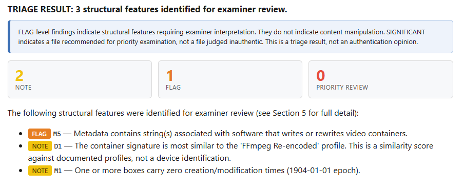 TRIAGE RESULT summary showing 2 NOTE, 1 FLAG, 0 PRIORITY REVIEW findings with disclaimer